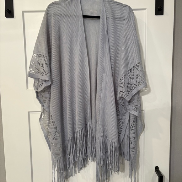 izzy & oliver Sweaters - Izzy & Oliver BlueGray Fringe Open Front Poncho Cardigan Laser Cut One Size